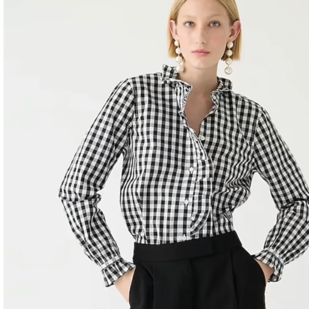 J Crew cotton poplin black and white gingham blouse 6 NWT